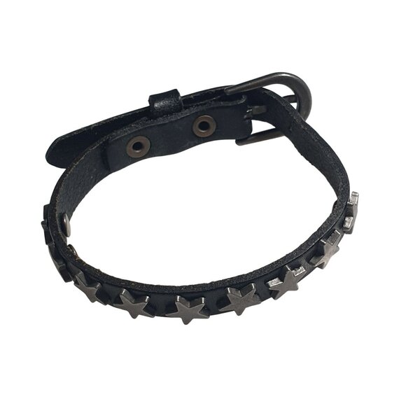 Black Leather Wristband Star Studded Adjustable Silver Buckle Unique Punk Rock - Picture 1 of 5